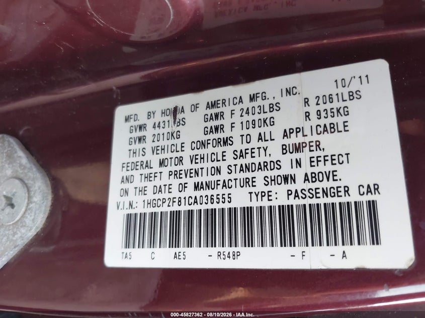 2012 Honda Accord VIN 1HGCP2F81CA036555 IAAI salvage auction — FRONT END, Salvage - Greater Than 75% (Maryland), sold $700 on 2026-08-22 (photo 9)