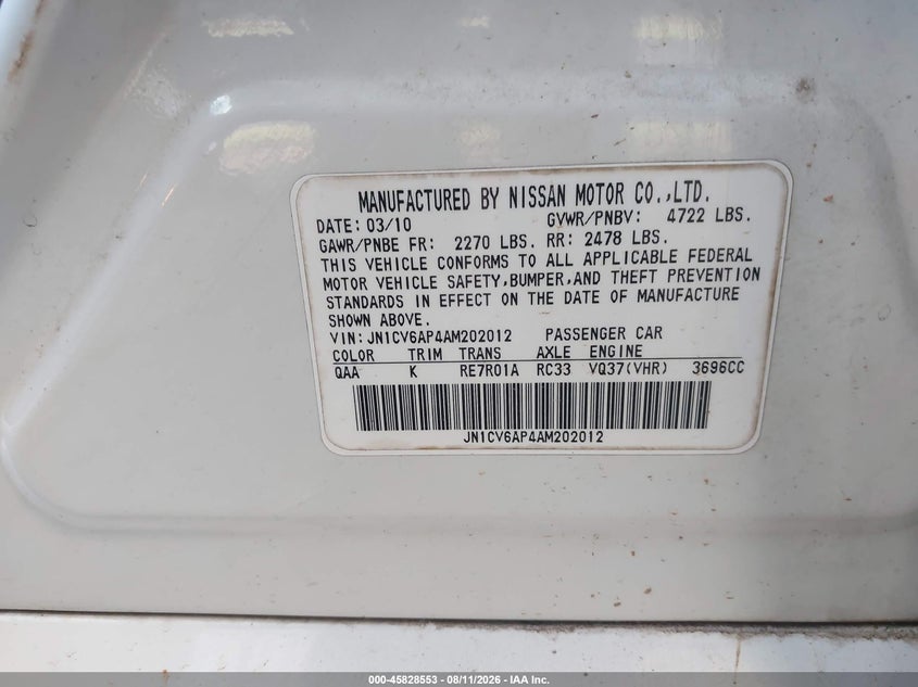 2010 Infiniti G37 VIN JN1CV6AP4AM202012 IAAI salvage auction — FRONT END, Salvage (Georgia), sold $550 on 2026-10-02 (photo 9)