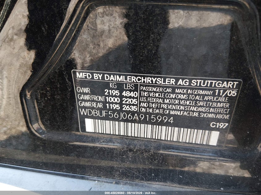 2006 Mercedes-benz E-class VIN WDBUF56J06A915994 IAAI salvage auction — NORMAL WEAR, Clear (Missouri), sold $100 on 2026-08-17 (photo 9)