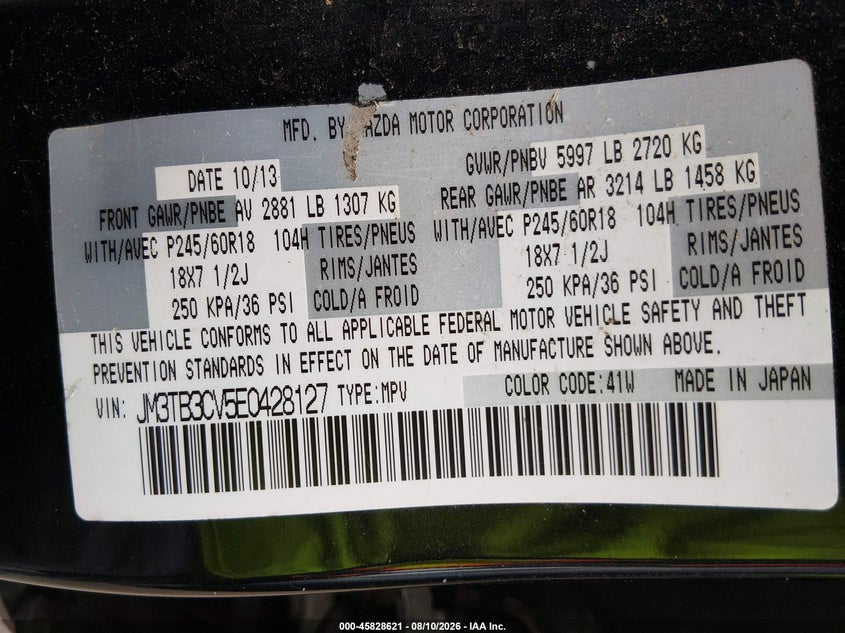 2014 Mazda Cx-9 VIN JM3TB3CV5E0428127 IAAI salvage auction — REAR END, Bill Of Sale (Washington), sold $1,600 on 2026-09-02 (photo 9)