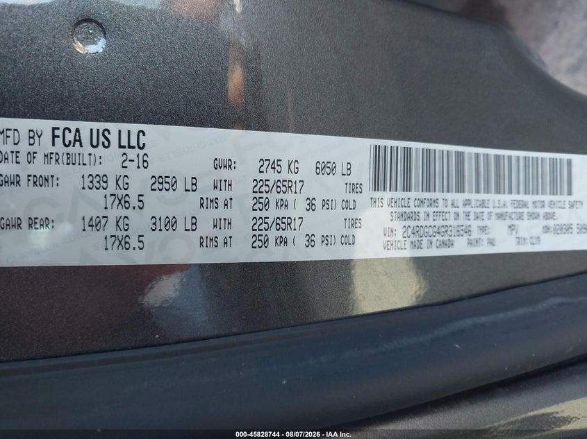 2016 Dodge Caravan VIN 2C4RDGCG4GR316546 IAAI salvage auction — NORMAL WEAR, Wait Title, sold $1,075 on 2026-09-06 (photo 9)