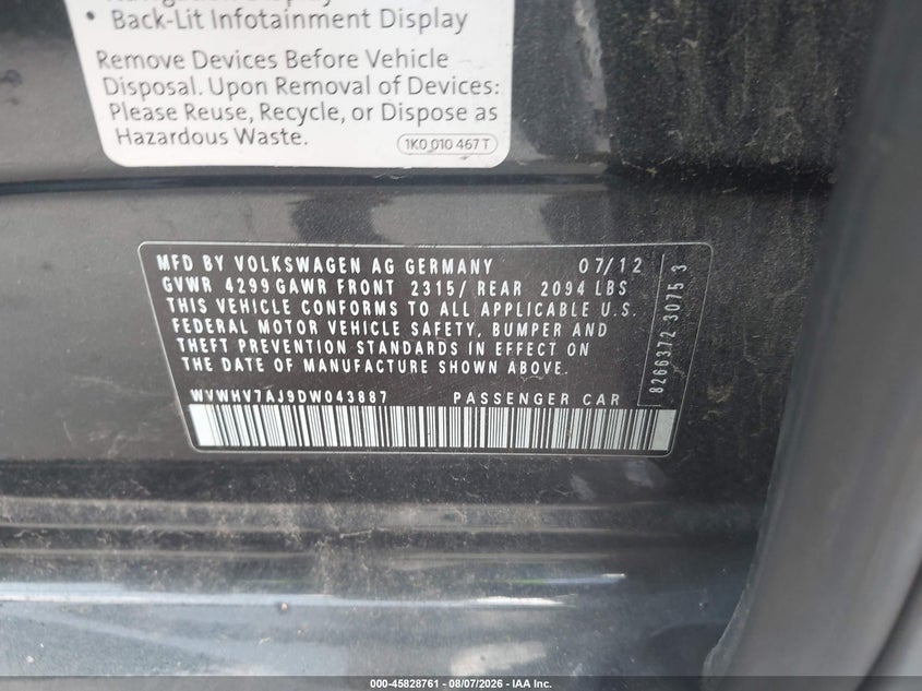 2013 Volkswagen Gti VIN WVWHV7AJ9DW043887 IAAI salvage auction — NORMAL WEAR, Salvage Title, sold $25 on 2026-08-18 (photo 9)
