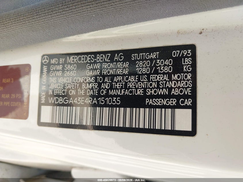 1994 Mercedes-benz S class VIN WDBGA43E4RA151035 IAAI salvage auction — NORMAL WEAR, Original (Texas), sold $600 on 2026-08-19 (photo 9)