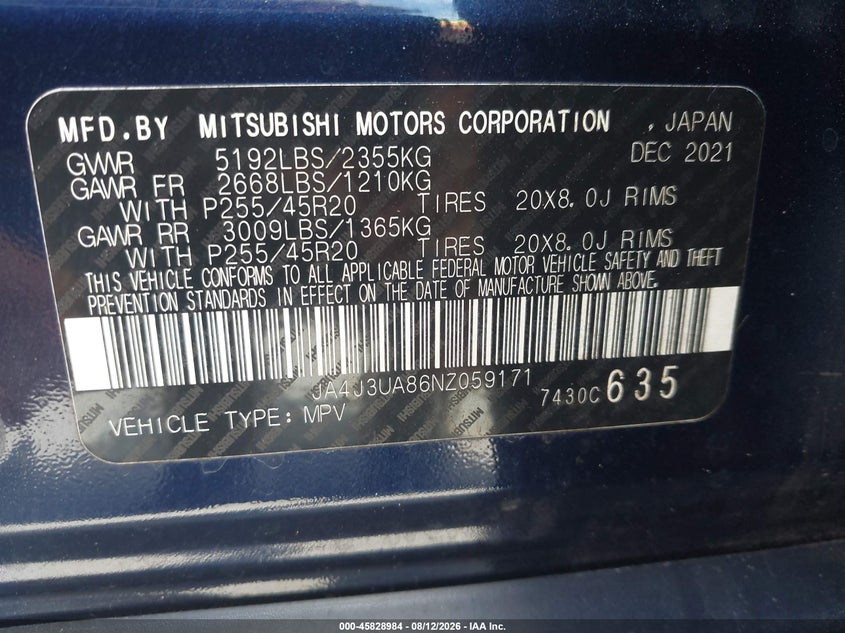 2022 Mitsubishi Outlander VIN JA4J3UA86NZ059171 IAAI salvage auction — RIGHT FRONT, Wait Title, sold $7,650 on 2026-09-28 (photo 9)