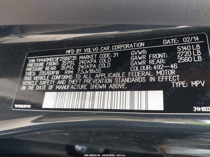 2015 Volvo Xc60 VIN YV440MDC9F2589735 IAAI salvage auction — NORMAL WEAR, Clear (Florida), sold $2,600 on 2026-08-11 (photo 9)
