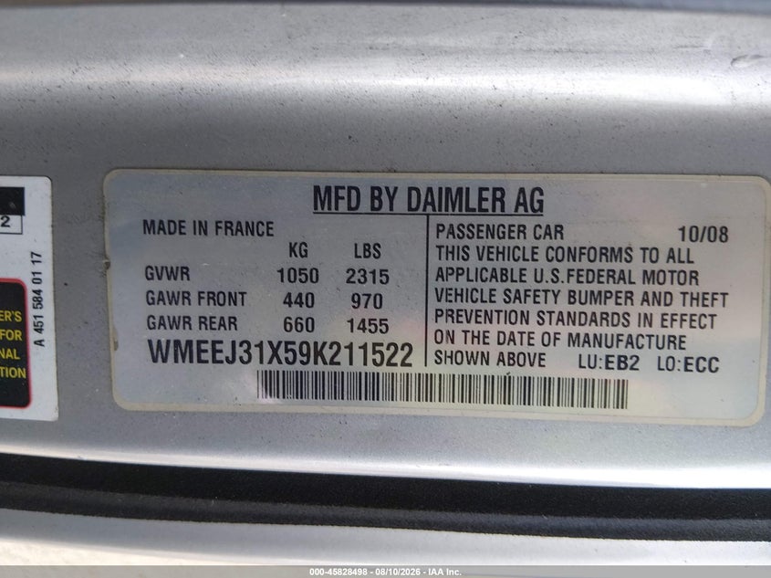 2009 Smart Fortwo VIN WMEEJ31X59K211522 IAAI salvage auction — REAR END, Salvage (California), sold $825 on 2026-08-14 (photo 9)