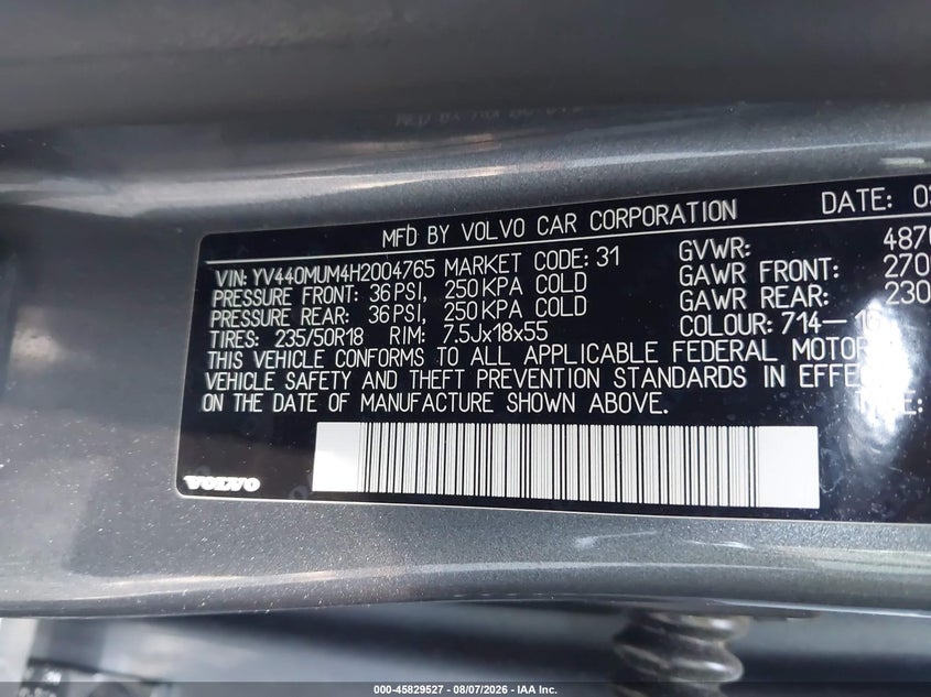 2017 Volvo S60 cross country VIN YV440MUM4H2004765 IAAI salvage auction — NORMAL WEAR, Salvage Title, sold $975 on 2026-08-19 (photo 9)