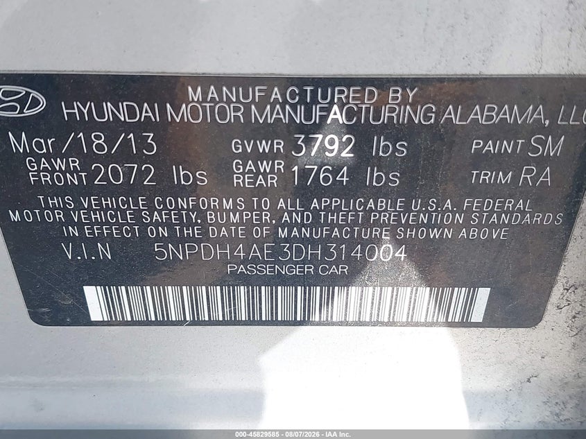 2013 Hyundai Elantra VIN 5NPDH4AE3DH314004 IAAI salvage auction — NORMAL WEAR, Wait Title, sold $875 on 2026-08-23 (photo 9)