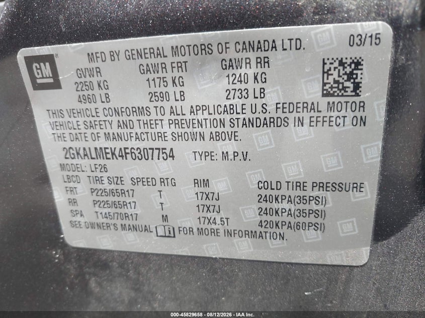 2015 Gmc Terrain VIN 2GKALMEK4F6307754 IAAI salvage auction — LEFT FRONT, Salvage Title, sold $1,200 on 2026-08-28 (photo 9)