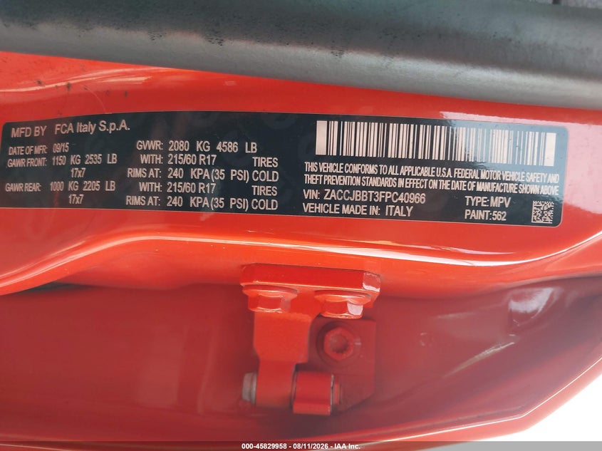 2015 Jeep Renegade VIN ZACCJBBT3FPC40966 IAAI salvage auction — FRESH WATER, Salvage Title, sold $650 on 2026-08-21 (photo 9)