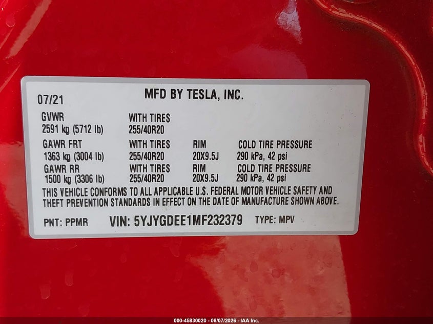 2021 Tesla Model y VIN 5YJYGDEE1MF232379 IAAI salvage auction — SIDE, Salvage (California), sold $12,800 on 2026-09-08 (photo 9)