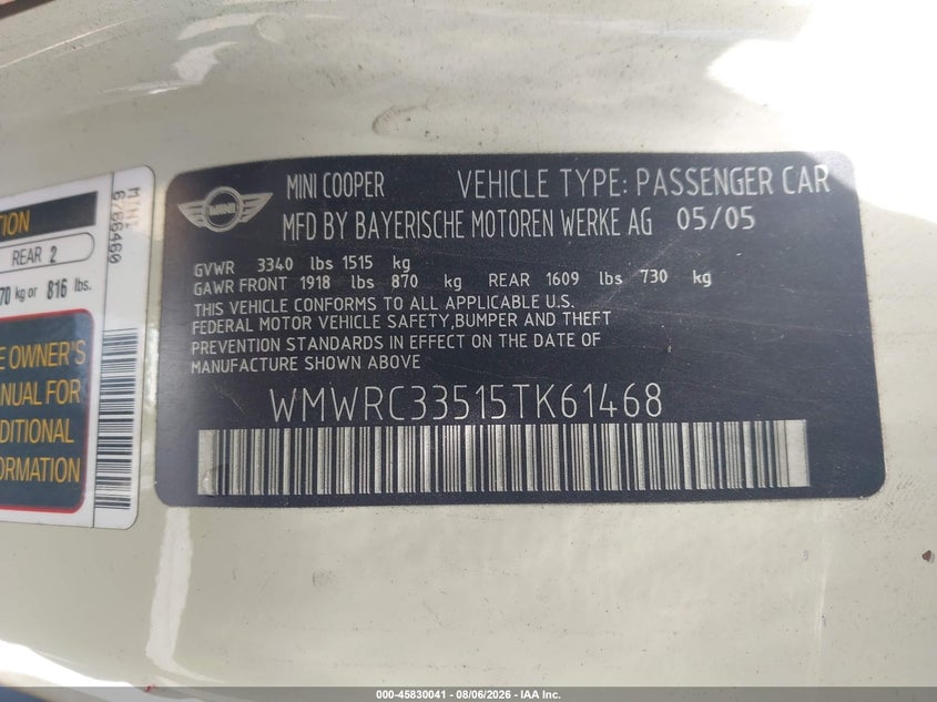 2005 Mini Cooper VIN WMWRC33515TK61468 IAAI salvage auction — NORMAL WEAR, Clear - Dealer Only (California), sold $225 on 2026-08-20 (photo 9)