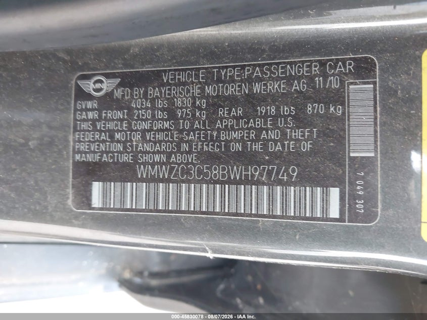 2011 Mini Cooper VIN WMWZC3C58BWH97749 IAAI salvage auction — NORMAL WEAR, Original (Texas), sold $1,100 on 2026-08-19 (photo 9)