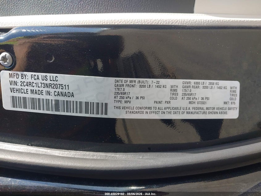 2022 Chrysler Pacifica VIN 2C4RC1L73NR207511 IAAI salvage auction — UNDERCARRIAGE, Salvage Title, sold $8,700 on 2026-08-20 (photo 9)