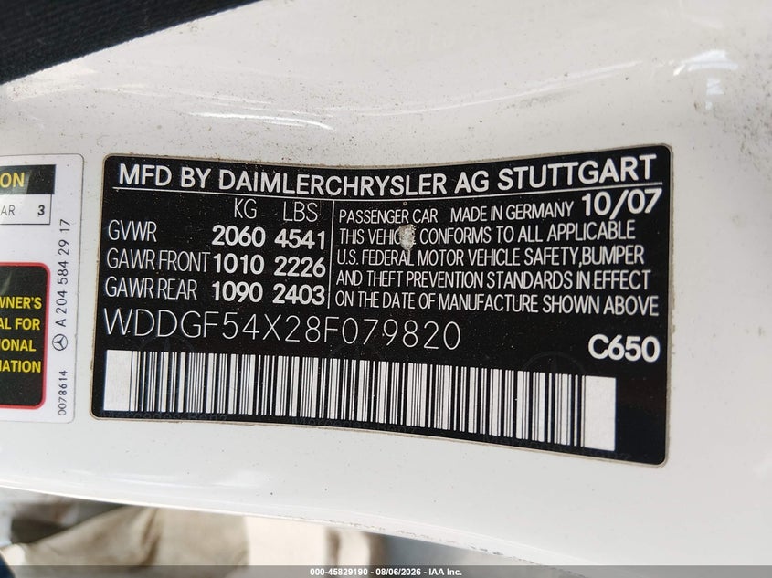 2008 Mercedes-benz C class VIN WDDGF54X28F079820 IAAI salvage auction — NORMAL WEAR, Clear-Dealer Only (Arizona), sold $200 on 2026-08-18 (photo 9)
