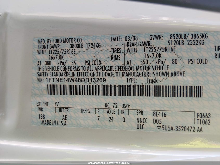 2008 Ford E 150 VIN 1FTNE14W48DB13269 IAAI salvage auction — NORMAL WEAR, Clear (California), sold $9,050 on 2026-08-31 (photo 9)