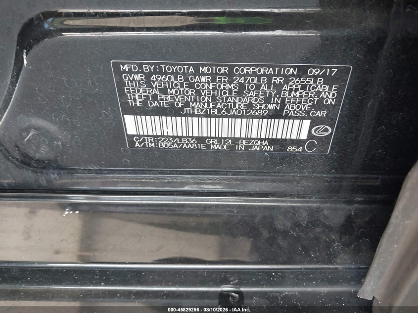 2018 Lexus Gs VIN JTHBZ1BL6JA012689 IAAI salvage auction — REAR END, Rebuildable (Florida), sold $9,850 on 2026-09-02 (photo 9)