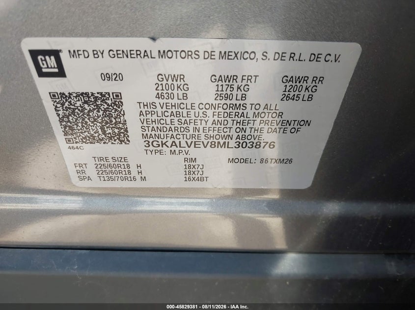 2021 Gmc Terrain VIN 3GKALVEV8ML303876 IAAI salvage auction — REAR END, Salvage Title, sold $5,100 on 2026-10-07 (photo 9)