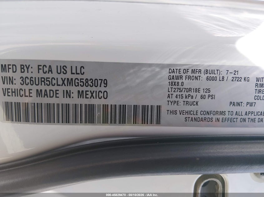 2021 Ram 2500 VIN 3C6UR5CLXMG583079 IAAI salvage auction — FRONT END, Salvage Title, sold $8,200 on 2026-10-09 (photo 9)
