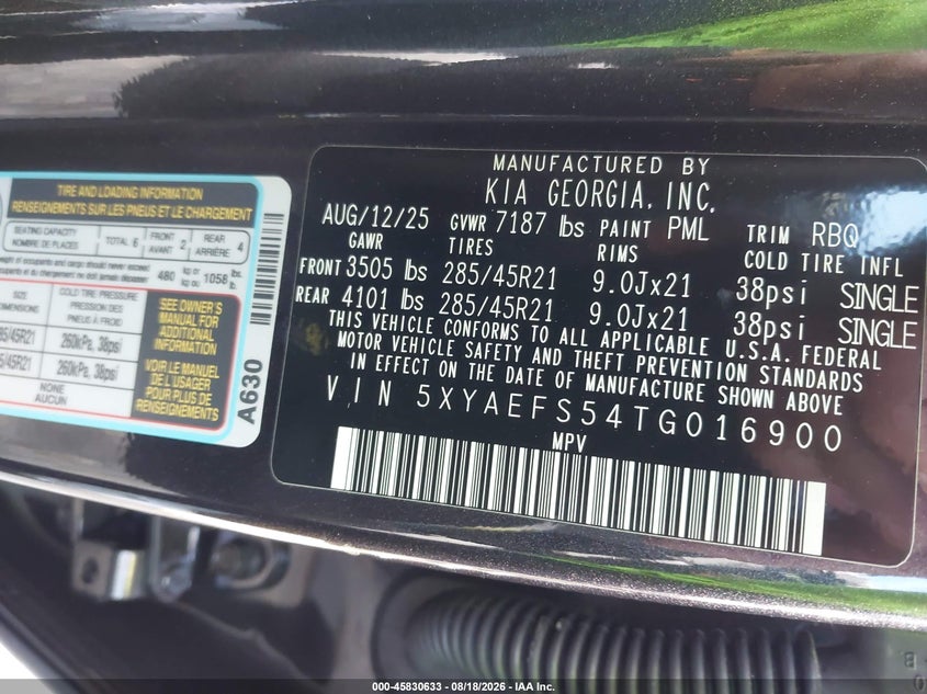 2026 Kia Ev9 VIN 5XYAEFS54TG016900 IAAI salvage auction — REAR END, Wait Title, sold $28,650 on 2026-09-24 (photo 9)