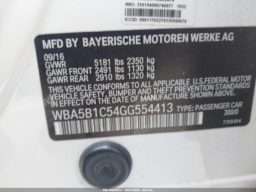 2016 BMW 5er VIN WBA5B1C54GG554413 IAAI salvage auction — FRONT END, Salvage Title, sold $2,600 on 2026-08-22 (photo 9)