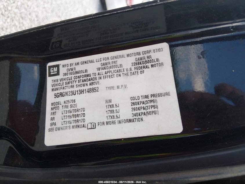 2003 Hummer H2 VIN 5GRGN23U13H148852 IAAI salvage auction — NORMAL WEAR, Clear (Montana), sold $1,450 on 2026-09-10 (photo 9)