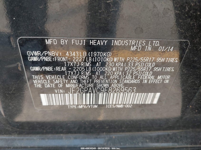 2014 Subaru Xv VIN JF2GPAVC9E8269563 IAAI salvage auction — FRONT END, Wait Title, sold $1,600 on 2026-08-24 (photo 9)