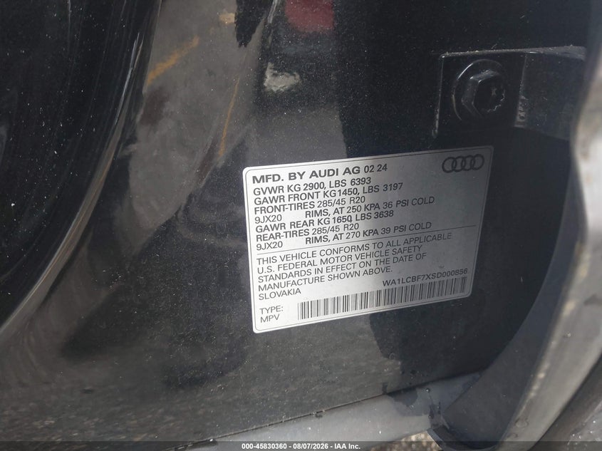 2025 Audi Q7 VIN WA1LCBF7XSD000856 IAAI salvage auction — Right Side, Salvage, sold $20,000 on 2026-10-19 (photo 9)