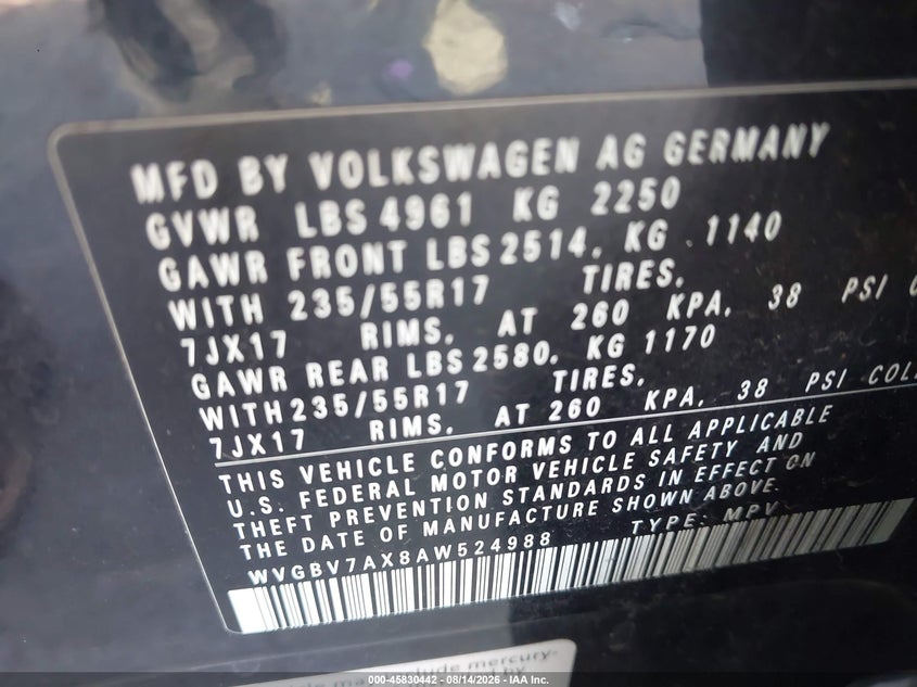 2010 Volkswagen Tiguan VIN WVGBV7AX8AW524988 IAAI salvage auction — NORMAL WEAR, Clear-Dealer Only (North Carolina), sold $250 on 2026-08-17 (photo 9)