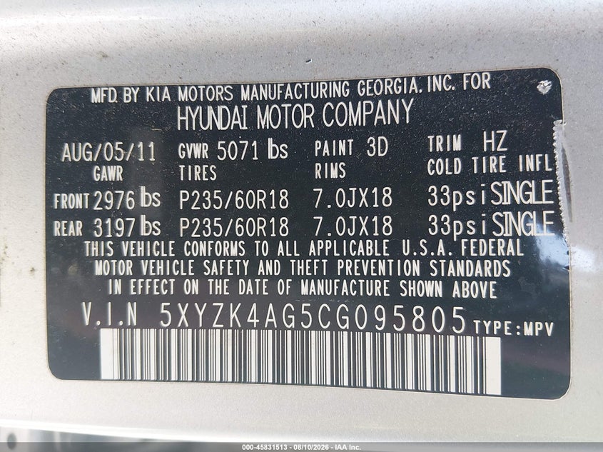 2012 Hyundai Santa fe VIN 5XYZK4AG5CG095805 IAAI salvage auction — LEFT FRONT, Salvage (South Carolina), sold $1,500 on 2026-08-28 (photo 9)