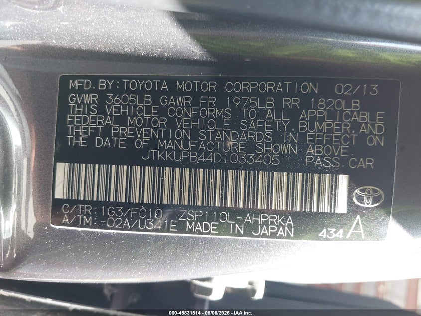 2013 Scion Xd VIN JTKKUPB44D1033405 IAAI salvage auction — LEFT REAR, Wait Title, sold $700 on 2026-09-08 (photo 9)