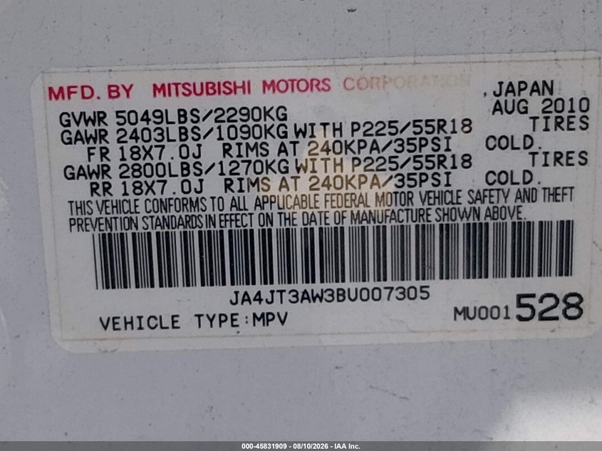 2011 Mitsubishi Outlander VIN JA4JT3AW3BU007305 IAAI salvage auction — FRONT END, Rebuildable (Florida), sold $425 on 2026-08-21 (photo 9)