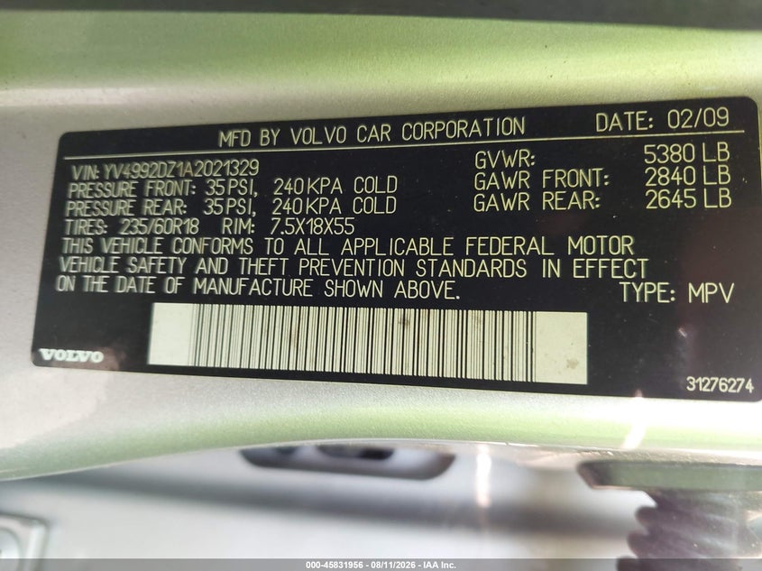 2010 Volvo Xc60 VIN YV4992DZ1A2021329 IAAI salvage auction — NORMAL WEAR, Clear-Dealer Only (North Carolina), sold $400 on 2026-08-18 (photo 9)