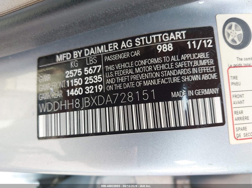 2013 Mercedes-benz E-klasse VIN WDDHH8JBXDA728151 IAAI salvage auction — NORMAL WEAR, Clear (Massachusetts), sold $6,550 on 2026-08-14 (photo 9)