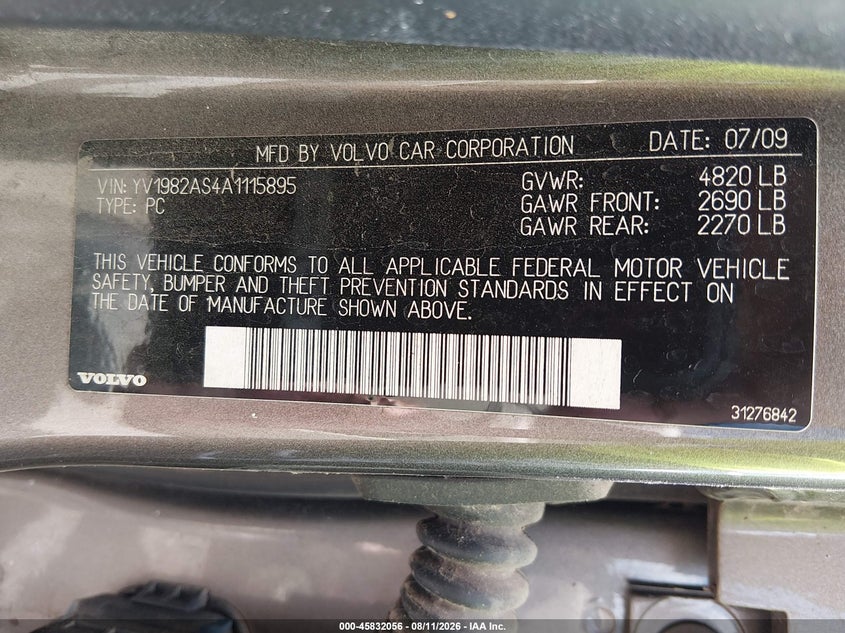 2010 Volvo S80 VIN YV1982AS4A1115895 IAAI salvage auction — NORMAL WEAR, Clear (Louisiana), sold $200 on 2026-08-19 (photo 9)