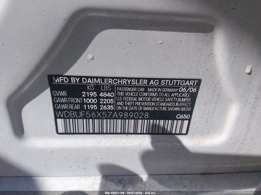 2007 Mercedes-benz E-class VIN WDBUF56X57A989028 IAAI salvage auction — STORM DAMAGE, Salvage (North Carolina), sold $750 on 2026-08-20 (photo 9)