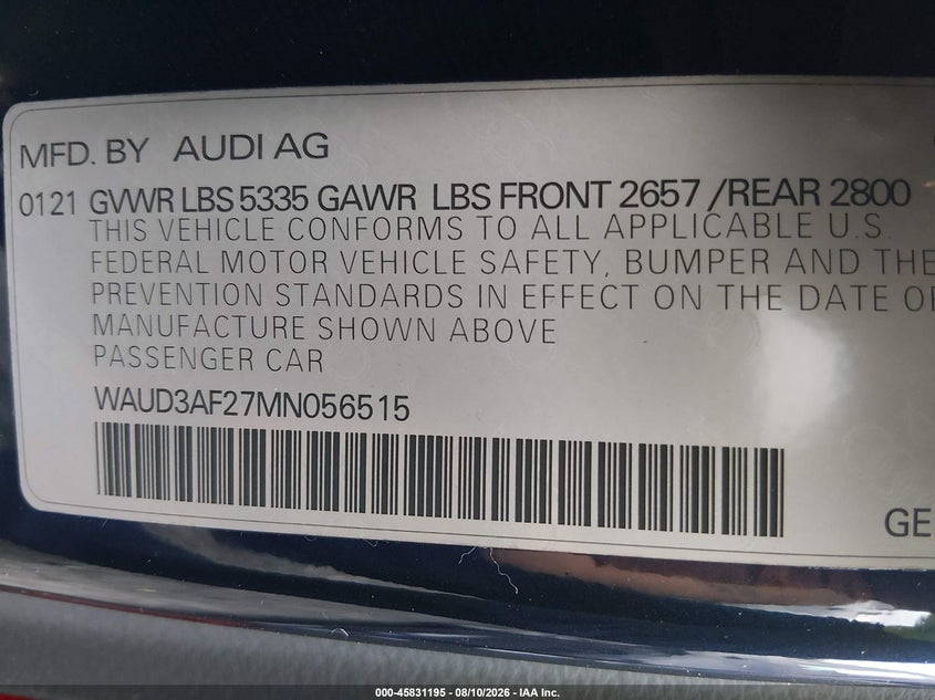 2021 Audi A6 VIN WAUD3AF27MN056515 IAAI salvage auction — RIGHT SIDE, Salvage Title, sold $11,900 on 2026-09-10 (photo 9)