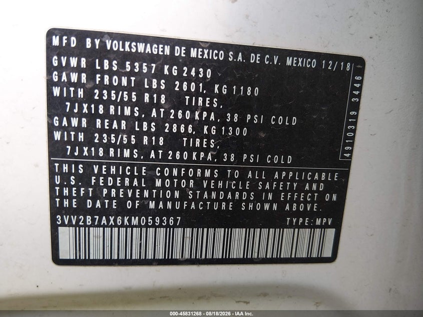2019 Volkswagen Tiguan VIN 3VV2B7AX6KM059367 IAAI salvage auction — REAR END, Salvage (Ohio), sold $3,350 on 2026-09-06 (photo 9)