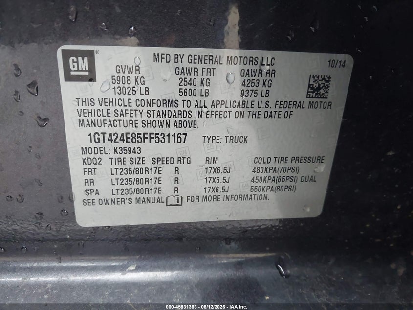 2015 Gmc VIN 1GT424E85FF531167 IAAI salvage auction — RIGHT SIDE, Wait Title, sold $11,600 on 2026-10-06 (photo 8)