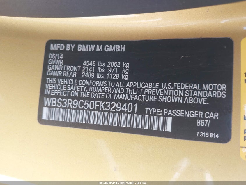 2015 BMW M4 VIN WBS3R9C50FK329401 IAAI salvage auction — SIDE, Salvage (Arizona), sold $9,300 on 2026-09-05 (photo 9)