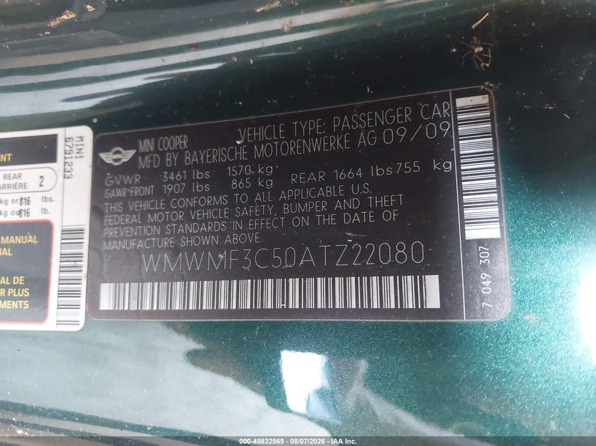 2010 Mini Cooper VIN WMWMF3C50ATZ22080 IAAI salvage auction — NORMAL WEAR, Clear (New York), sold $400 on 2026-08-12 (photo 9)
