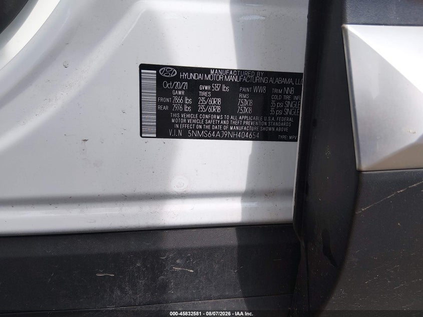 2022 Hyundai Santa fe VIN 5NMS64AJ9NH404654 IAAI salvage auction — REAR END, Salvage Title, sold $9,700 on 2026-08-24 (photo 9)
