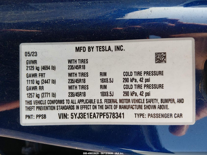 2023 Tesla Model 3 VIN 5YJ3E1EA7PF578341 IAAI salvage auction — WATER/FLOOD, Salvage Title, sold $6,900 on 2026-08-22 (photo 9)