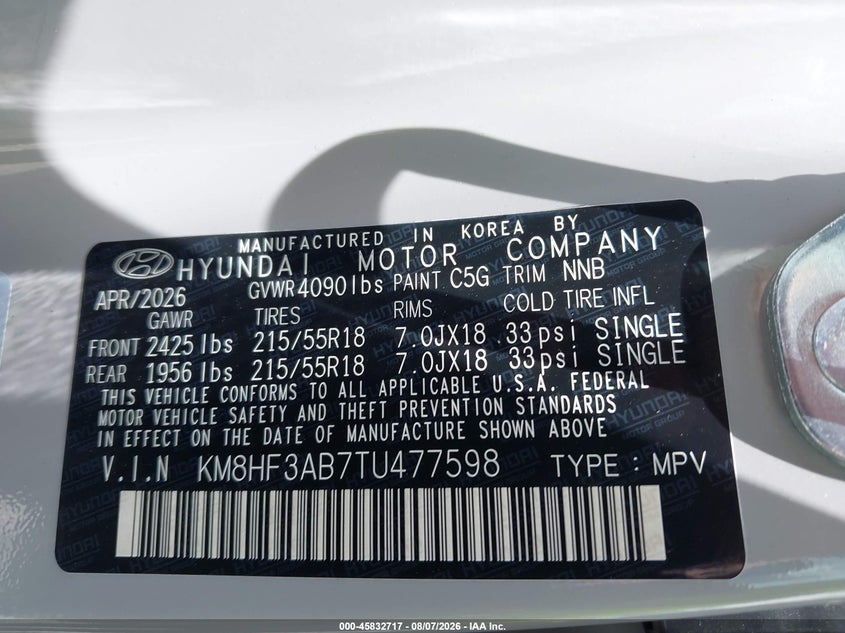 2026 Hyundai Kona VIN KM8HF3AB7TU477598 IAAI salvage auction — RIGHT SIDE, Enterprise Vehicles Clear Only (Georgia), sold $11,750 on 2026-08-19 (photo 9)