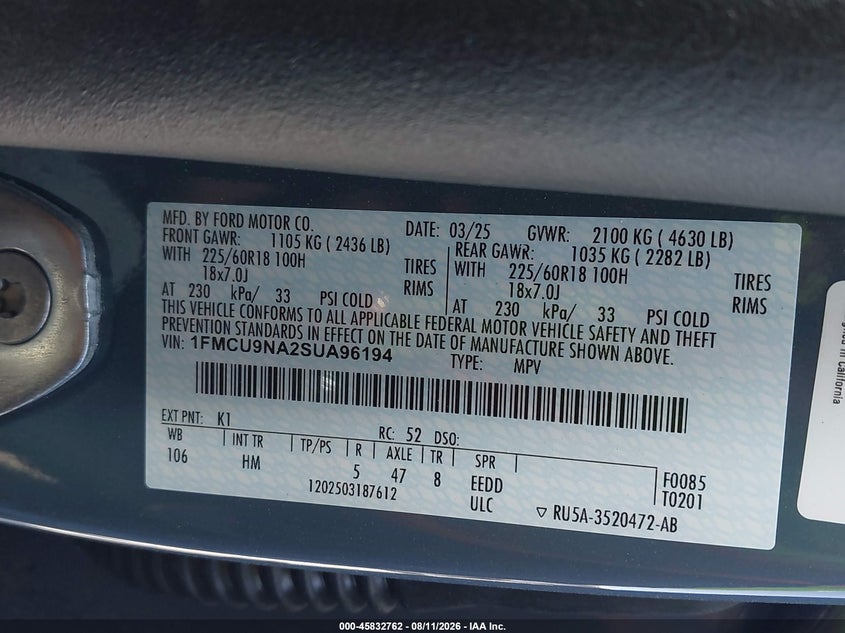 2025 Ford Escape VIN 1FMCU9NA2SUA96194 IAAI salvage auction — SIDE, Original (Texas), sold $11,200 on 2026-10-07 (photo 9)