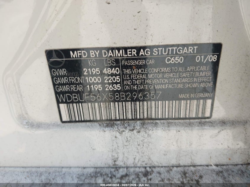 2008 Mercedes-benz E-class VIN WDBUF56X58B296357 IAAI salvage auction — NORMAL WEAR, Clear - Dealer Only (California), sold $400 on 2026-08-19 (photo 9)