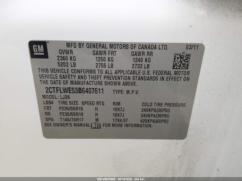 2011 Gmc Terrain VIN 2CTFLWE53B6407611 IAAI salvage auction — FRONT END, Salvage (North Carolina), sold $1,750 on 2026-09-07 (photo 9)