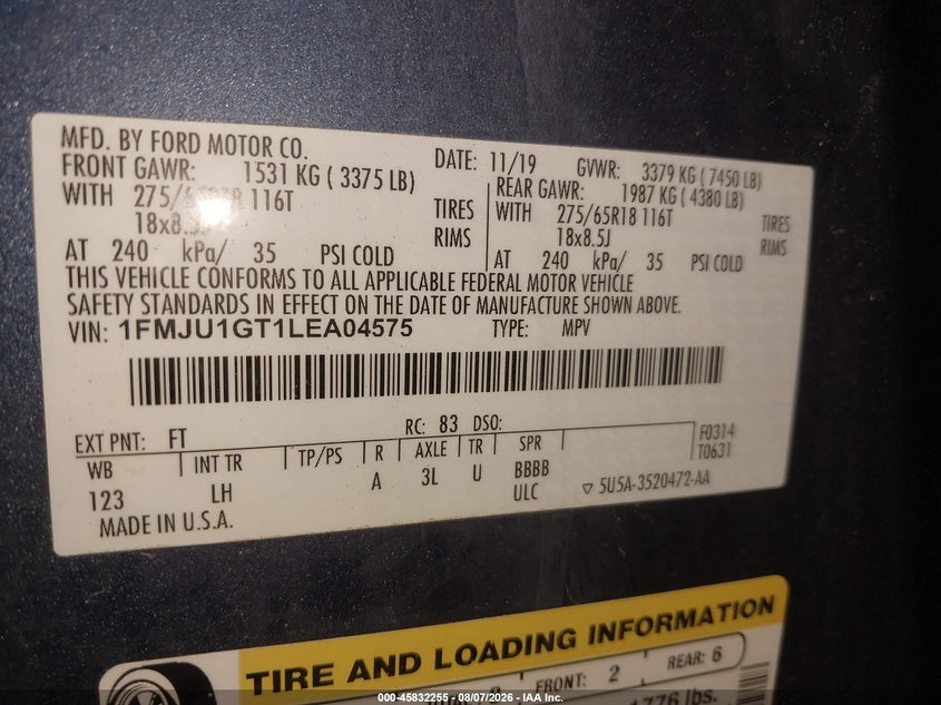 2020 Ford Expedition VIN 1FMJU1GT1LEA04575 IAAI salvage auction — NORMAL WEAR, Sf97 (Nevada), sold $11,000 on 2026-09-10 (photo 9)