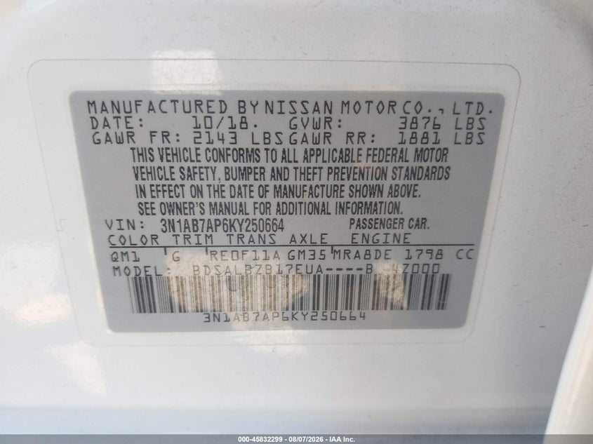 2019 Nissan Sentra VIN 3N1AB7AP6KY250664 IAAI salvage auction — NORMAL WEAR, Clear-Dealer Only (Texas), sold $1,875 on 2026-08-20 (photo 9)