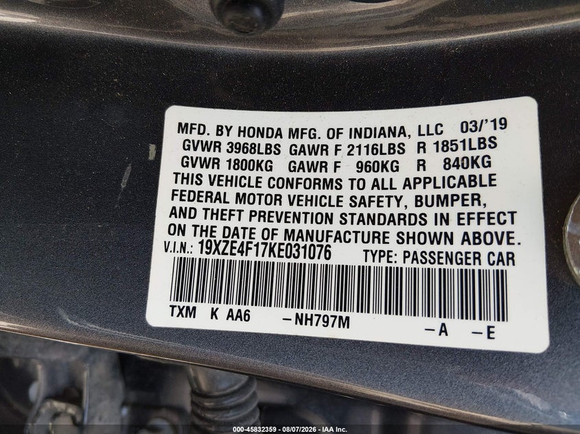 2019 Honda Insight VIN 19XZE4F17KE031076 IAAI salvage auction — REPOSSESSION, Clear (Arkansas), sold $9,150 on 2026-08-13 (photo 9)